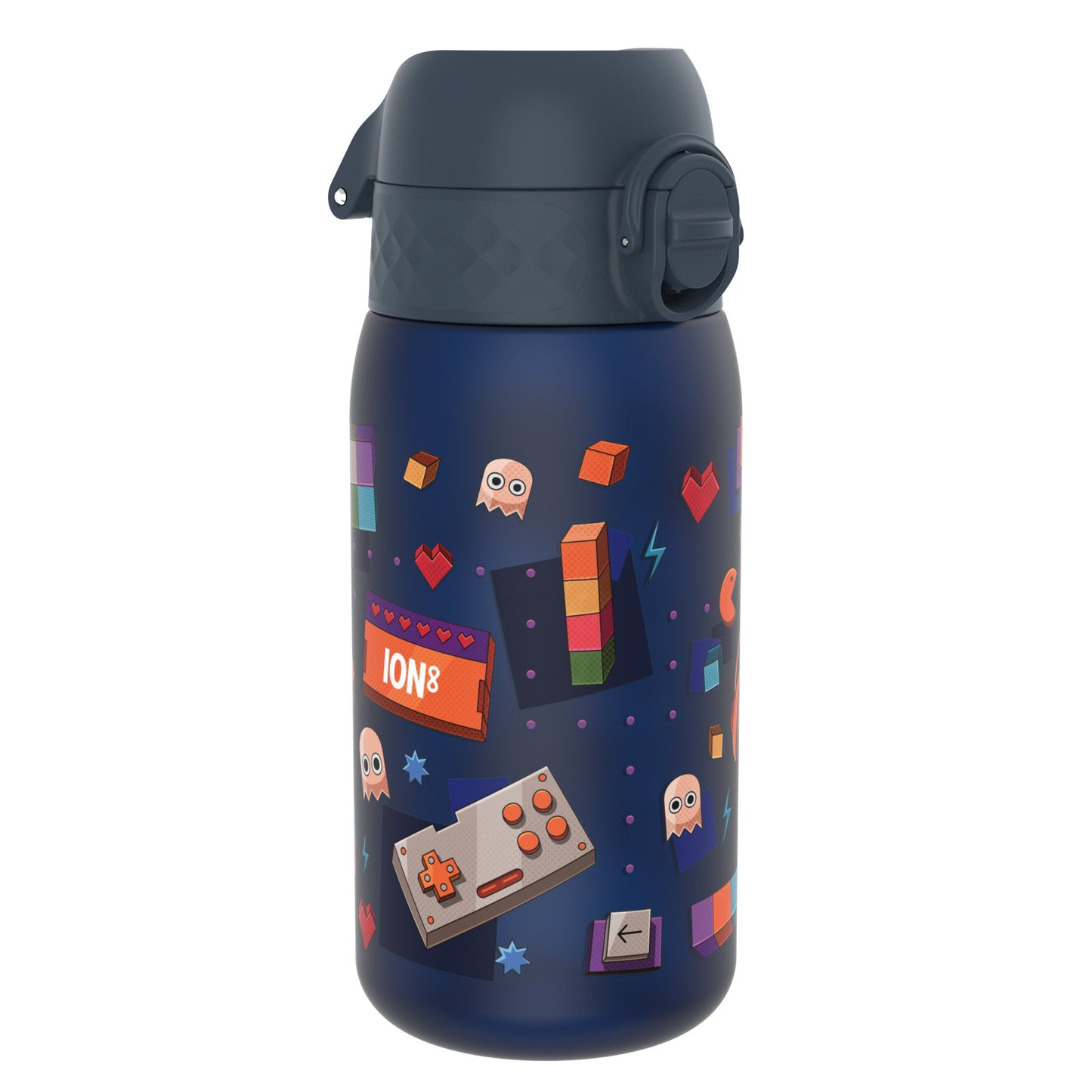 A dark-blue water bottle, decorated with retro-gaming graphics, sits on a white background. ION8 is printed on the bottle.