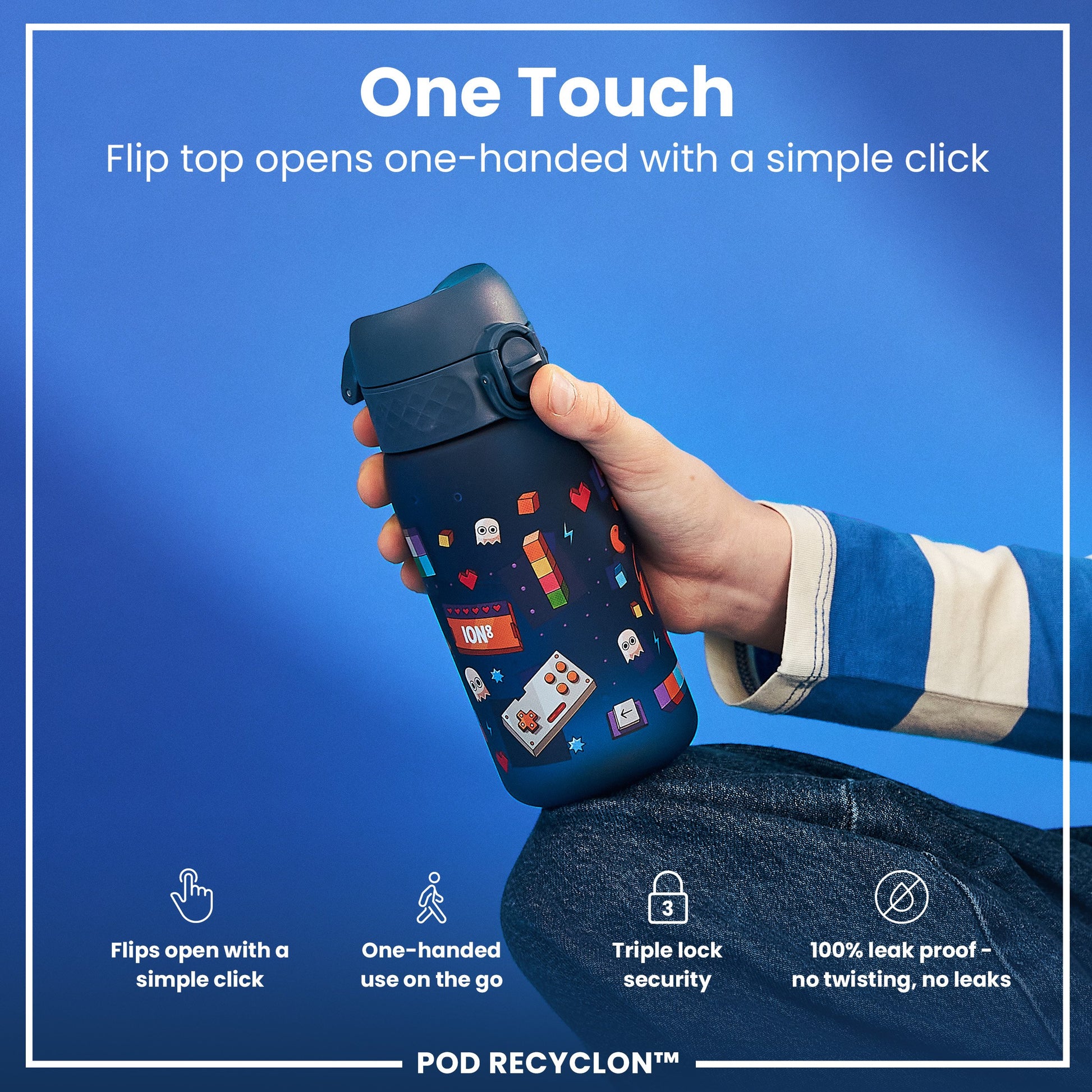 A water bottle with a flip top is being held. The top opens one-handed with a single click. The bottle features a video game-themed design against a blue background. "One Touch. Flip top opens one-handed with a simple click." "POD RECYCLON™" is also present.