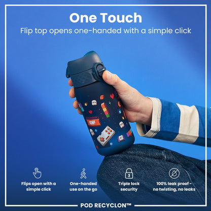 A water bottle with a flip top is being held. The top opens one-handed with a single click. The bottle features a video game-themed design against a blue background. "One Touch. Flip top opens one-handed with a simple click." "POD RECYCLON™" is also present.