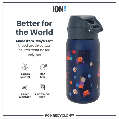 A dark-blue water bottle, featuring a playful game-themed design, sits against a white background. It's made from a plant-based polymer, is BPA-free, odour-resistant, and dishwasher-safe. The bottle is described as "Better for the World".