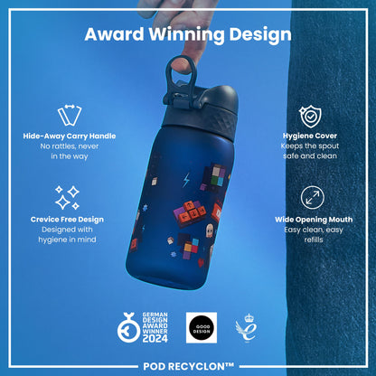 A blue water bottle with a carrying handle and game-themed design is being held. Features include a hide-away handle, crevice-free design, hygiene cover, and wide mouth. It's an award-winning design.