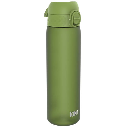 A green ION8 water bottle stands upright against a white background. The bottle has a screw-on lid with a carrying loop.