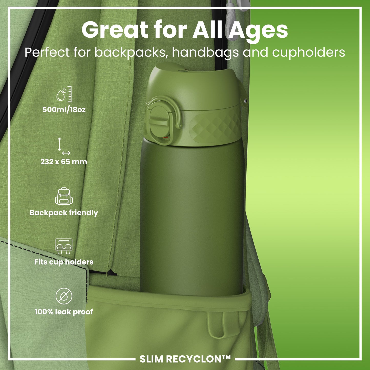 A green water bottle fits inside a green backpack pocket. It's 500ml/18oz, 232 x 65 mm, backpack and cupholder friendly, and 100% leak proof. "SLIM RECYCLON™" is written on the bottom.