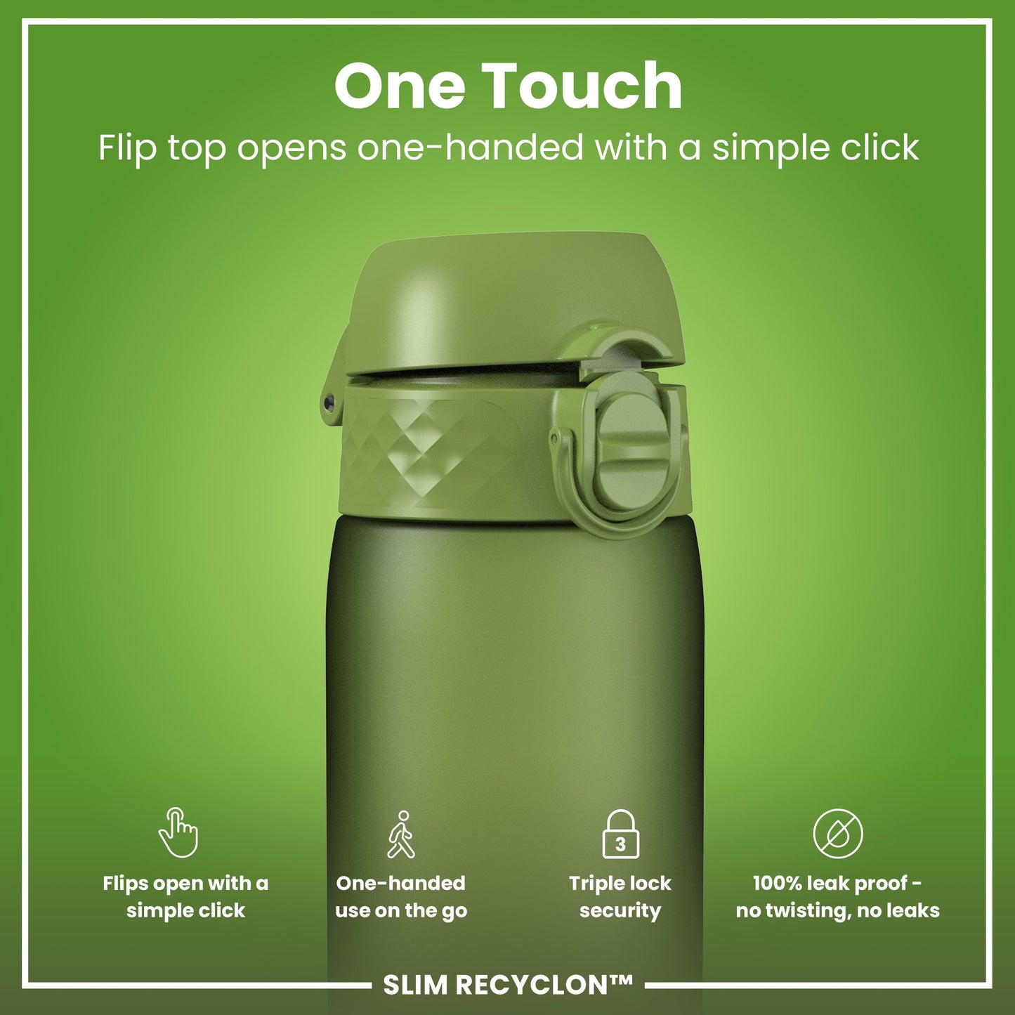 Leak Proof Slim Water Bottle, Recyclon, Khaki Green, 500ml (18oz)