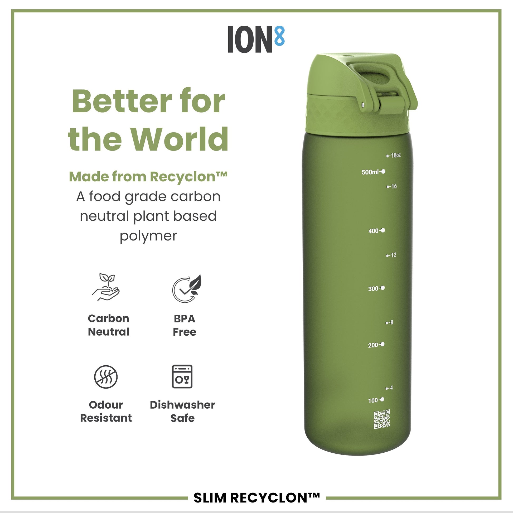 A green water bottle sits against a white background. It's made from a plant-based polymer, is BPA-free, and dishwasher safe. The bottle displays measurements in milliliters and ounces.