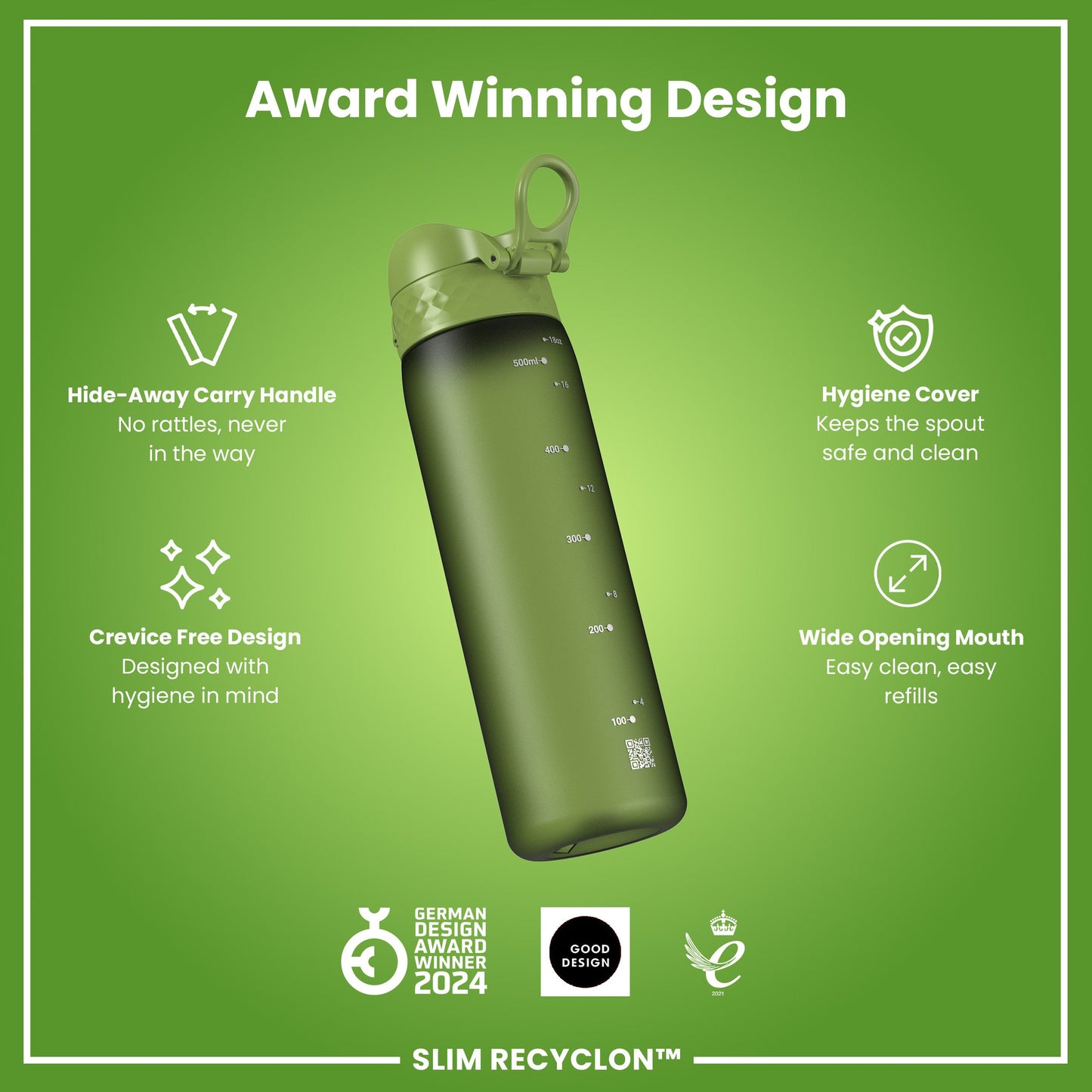 A green water bottle, displaying volume markings, sits against a green background. The bottle features a hide-away handle, hygiene cover, and wide mouth. Awards won by the design are also shown. GERMAN DESIGN AWARD WINNER 2024 and GOOD DESIGN.