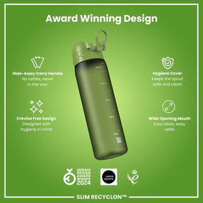 A green water bottle, displaying volume markings, sits against a green background. The bottle features a hide-away handle, hygiene cover, and wide mouth. Awards won by the design are also shown. GERMAN DESIGN AWARD WINNER 2024 and GOOD DESIGN.