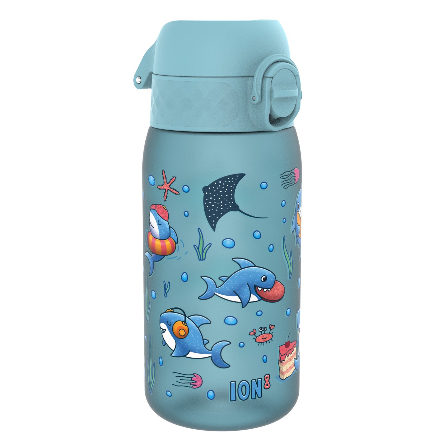 A light-blue water bottle, featuring cartoon sharks and other sea creatures, sits against a white background. The bottle displays the word "ION8".