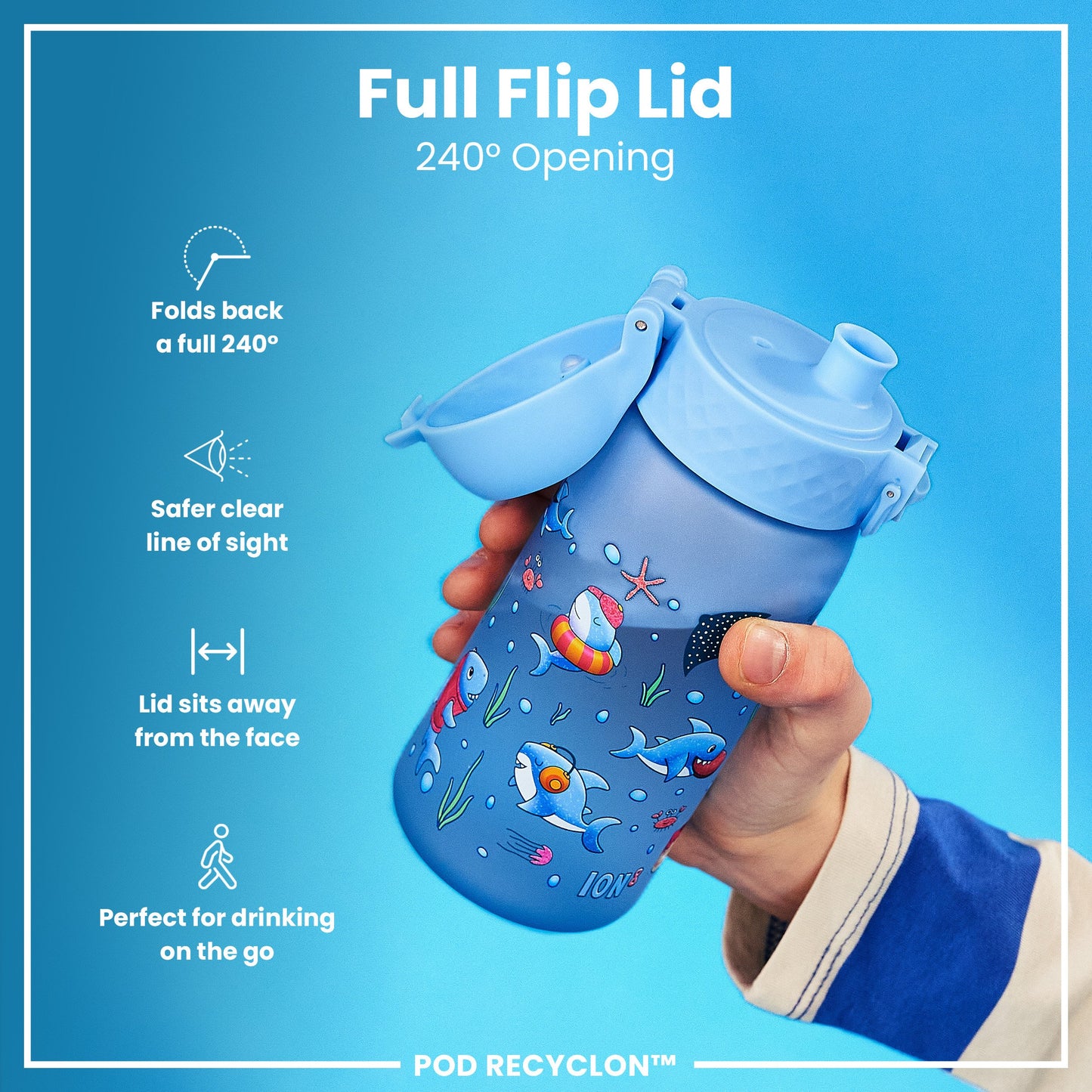 A child holds a blue water bottle with a cartoon sea creature design. Its flip lid opens 240 degrees; the lid stays away from the face. The bottle is designed for convenient on-the-go drinking. POD RECYCLON™