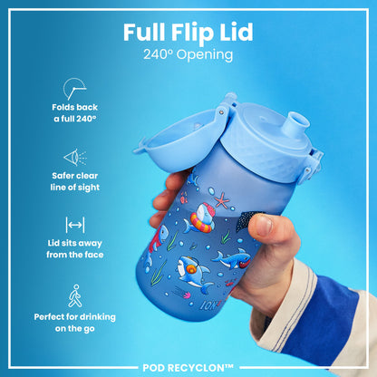 A child holds a blue water bottle with a cartoon sea creature design. Its flip lid opens 240 degrees; the lid stays away from the face. The bottle is designed for convenient on-the-go drinking. POD RECYCLON™