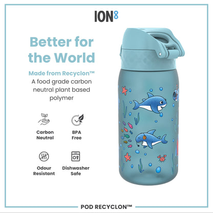 A teal water bottle, featuring cartoon sharks, sits against a white background. It is made from a plant-based polymer and is BPA-free, dishwasher-safe, and odour resistant. The text states it is “Better for the World.”