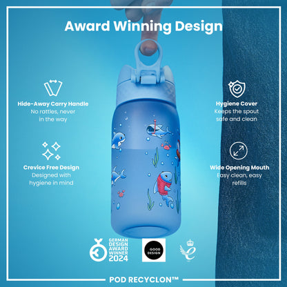 A blue water bottle, featuring a carry handle and ocean-themed design, is being held. Its features highlight hygiene and ease of use. The bottle is an award winner.