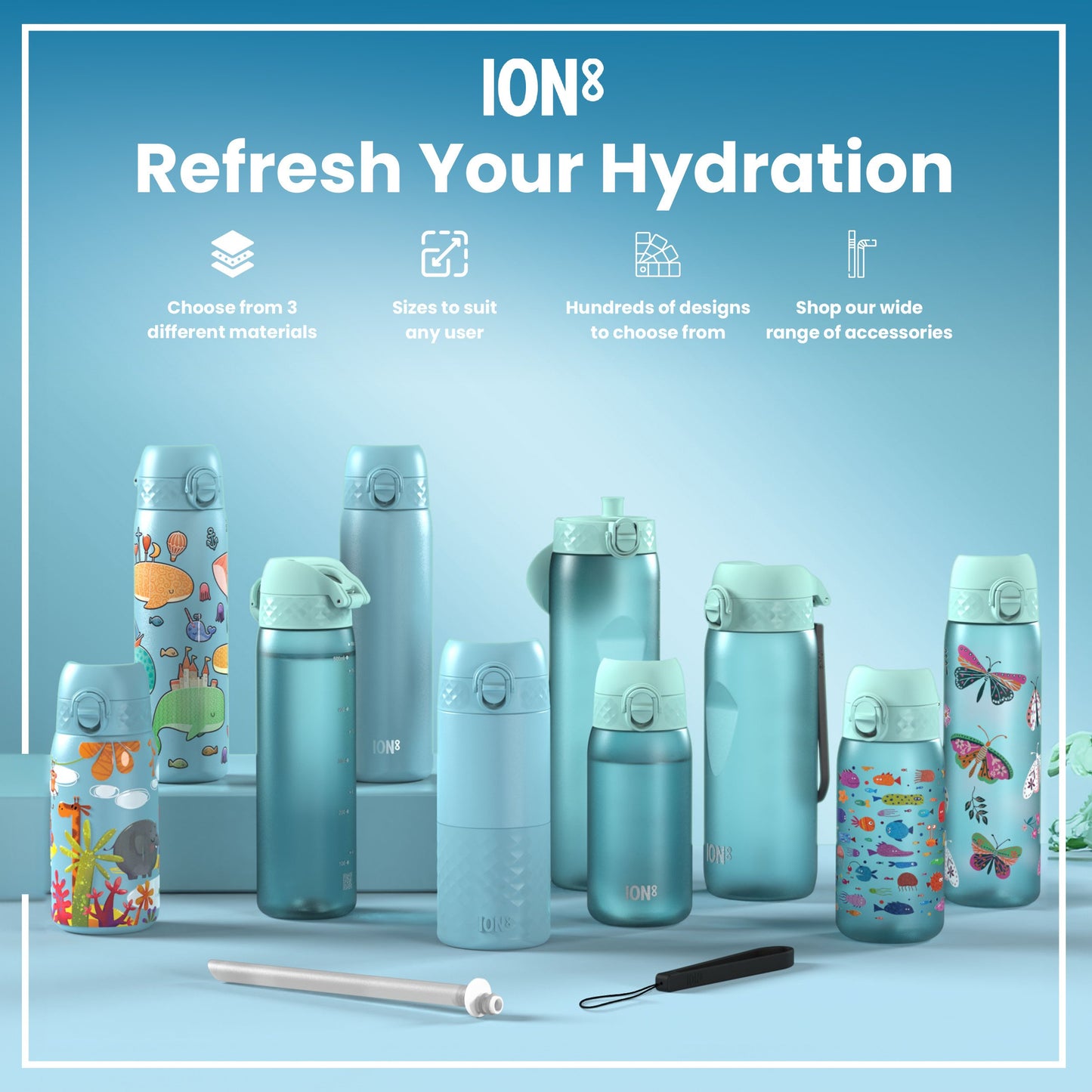 Several pastel-blue water bottles, varying in size and design, are displayed on a light-blue surface; some feature children’s illustrations. Accompanying text promotes material choices, sizes, designs, and accessories.