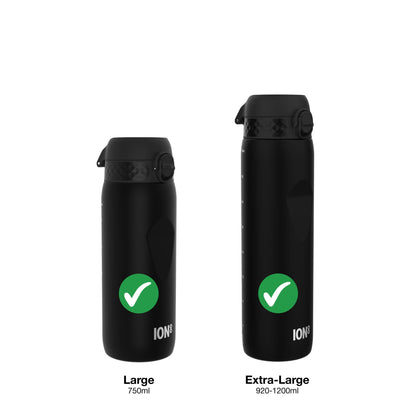 Two black ION8 water bottles, one large (750ml) and one extra-large (920-1200ml), sit against a white background. Each displays a green checkmark.