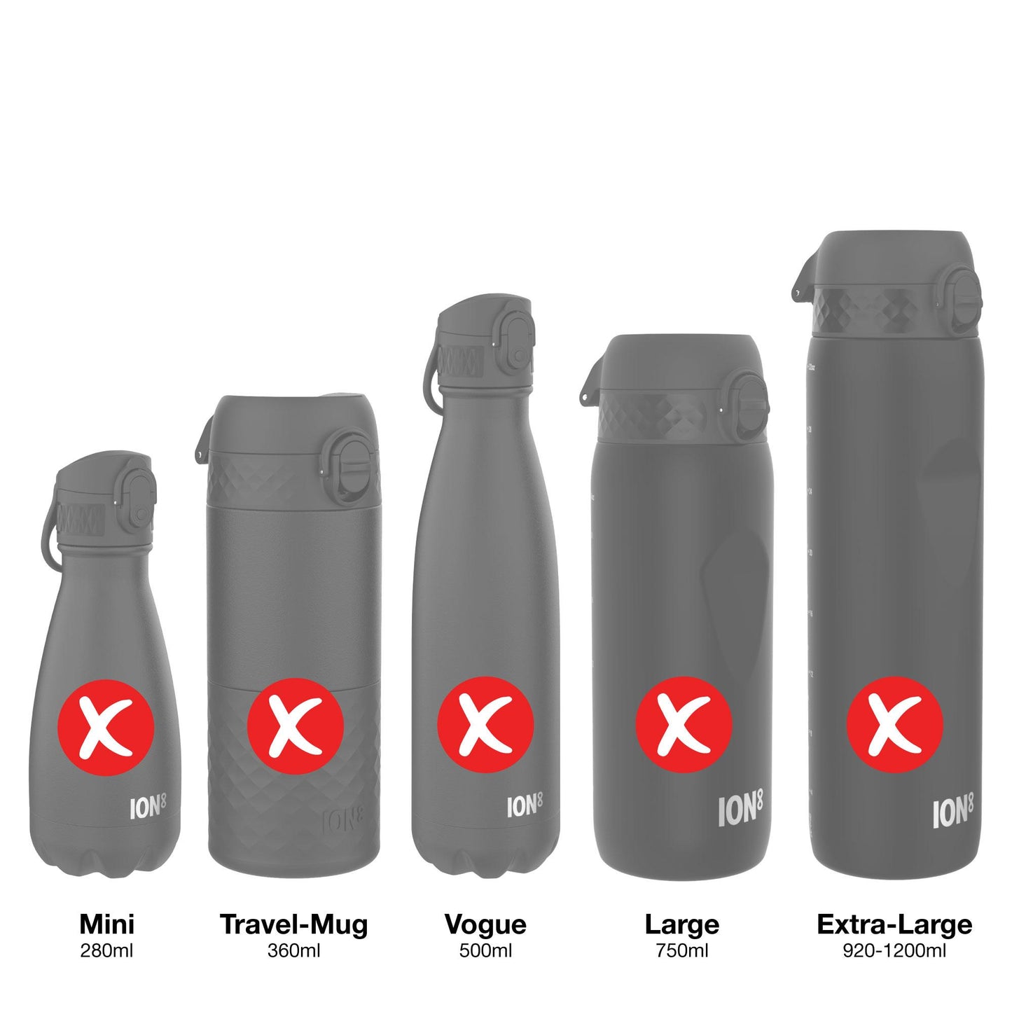 Five gray ION8 water bottles of varying sizes are displayed against a white background. Each bottle has a red "X" logo. Sizes are indicated as Mini (280ml), Travel-Mug (360ml), Vogue (500ml), Large (750ml), and Extra-Large (920-1200ml).