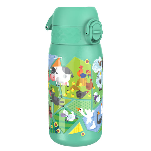 A light-green water bottle, featuring farm animals, stands on a white background.