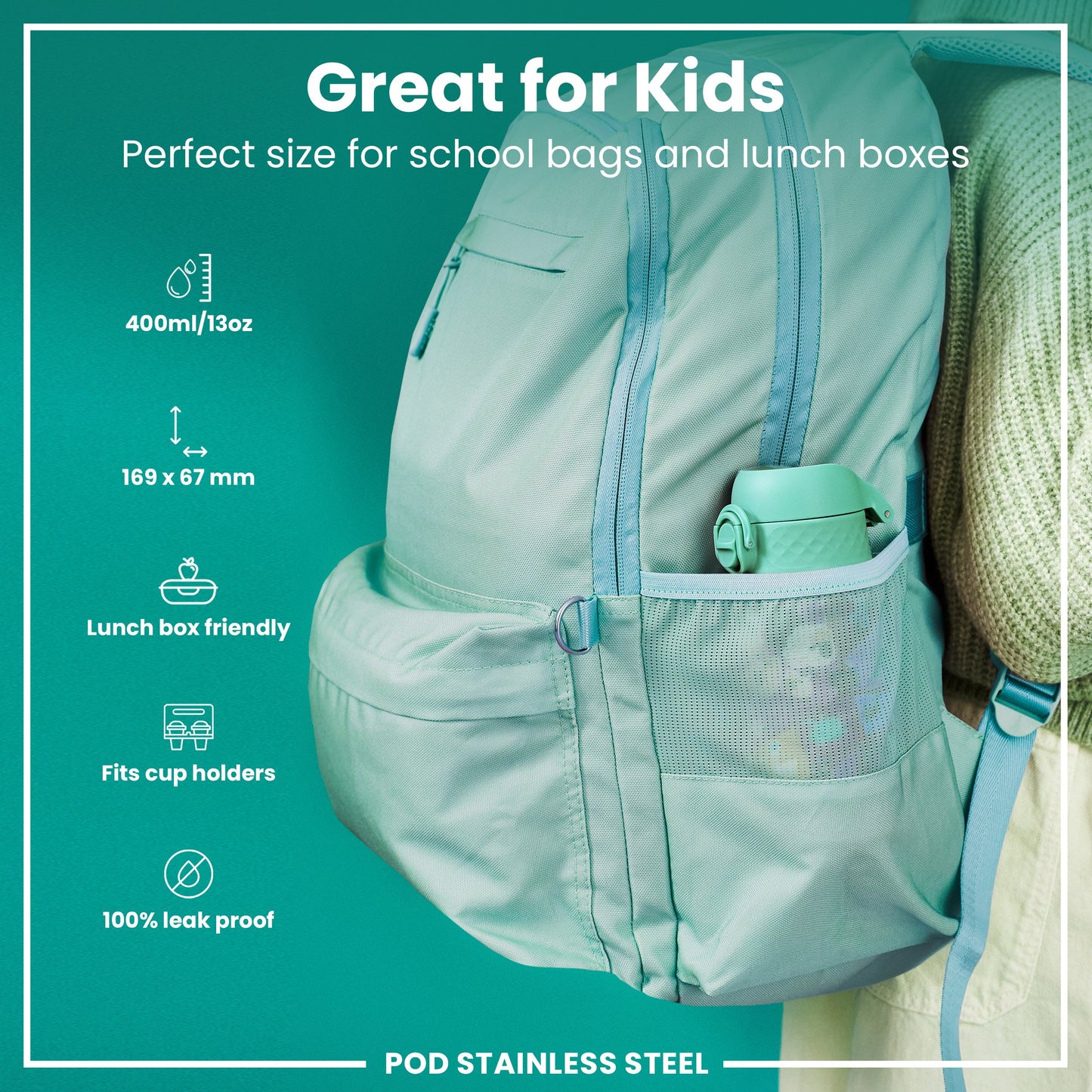 A light-green backpack, containing a matching thermos, fits in school bags and lunch boxes; it's 169 x 67 mm, holds 400ml/13oz, and is 100% leakproof.