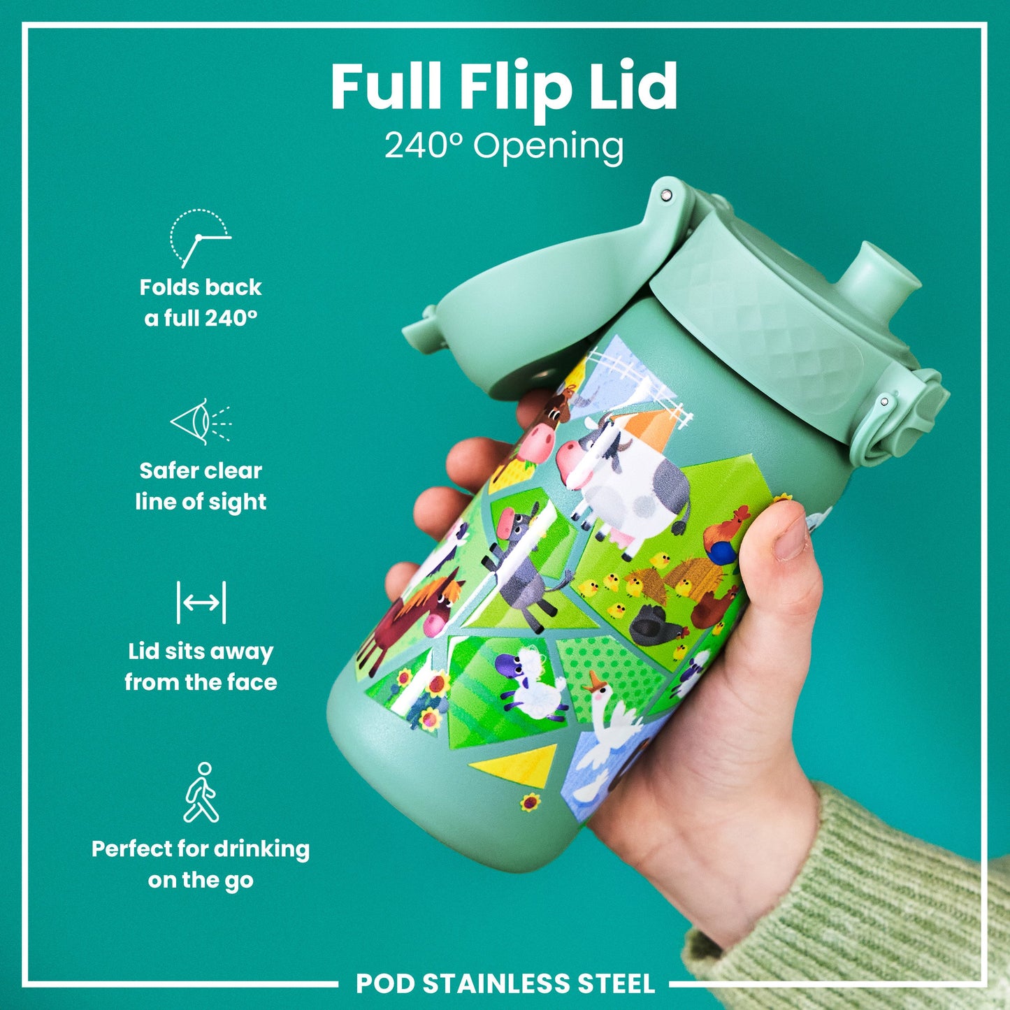 A stainless steel water bottle, featuring a farm animal design, is being held. Its full flip lid opens 240 degrees. The bottle is shown against a teal background. The text includes: "Full Flip Lid," "240° Opening," "POD STAINLESS STEEL," plus descriptions of the lid's features.