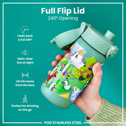 A stainless steel water bottle, featuring a farm animal design, is being held. Its full flip lid opens 240 degrees. The bottle is shown against a teal background. The text includes: "Full Flip Lid," "240° Opening," "POD STAINLESS STEEL," plus descriptions of the lid's features.