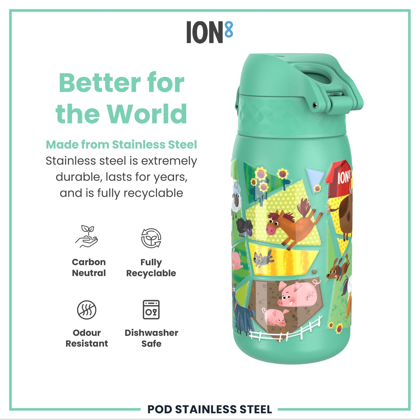 A teal stainless steel water bottle, featuring a farm animal design, sits against a white background. The bottle is described as durable, recyclable, and dishwasher safe.