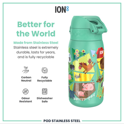 A teal stainless steel water bottle, featuring a farm animal design, sits against a white background. The bottle is described as durable, recyclable, and dishwasher safe.