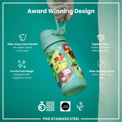 A light-green stainless steel water bottle, with a cartoon farm animal design, is being held by a hand. Features include a hide-away handle, hygiene cover, and wide mouth. It's an award-winning design.