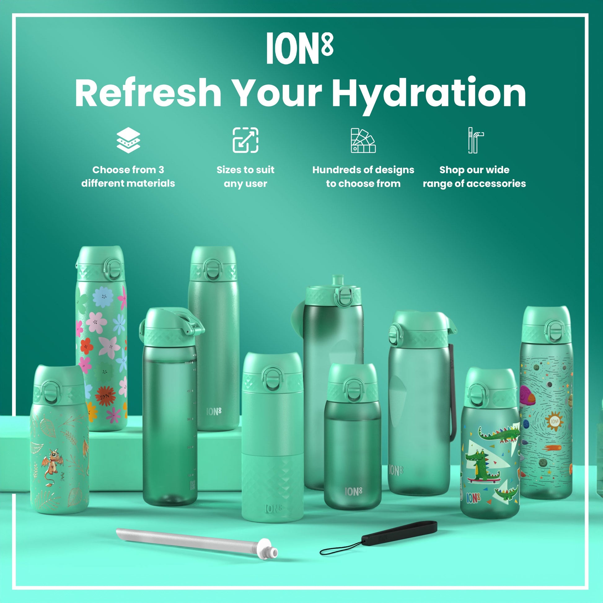 Several teal water bottles, various sizes and designs, are displayed on a teal surface; accessories are included. ION8.