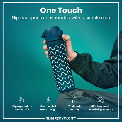 A teal water bottle, with a wave pattern, is held; its flip top opens one-handed. The bottle features triple lock security and is leak-proof. The context is a product advertisement.