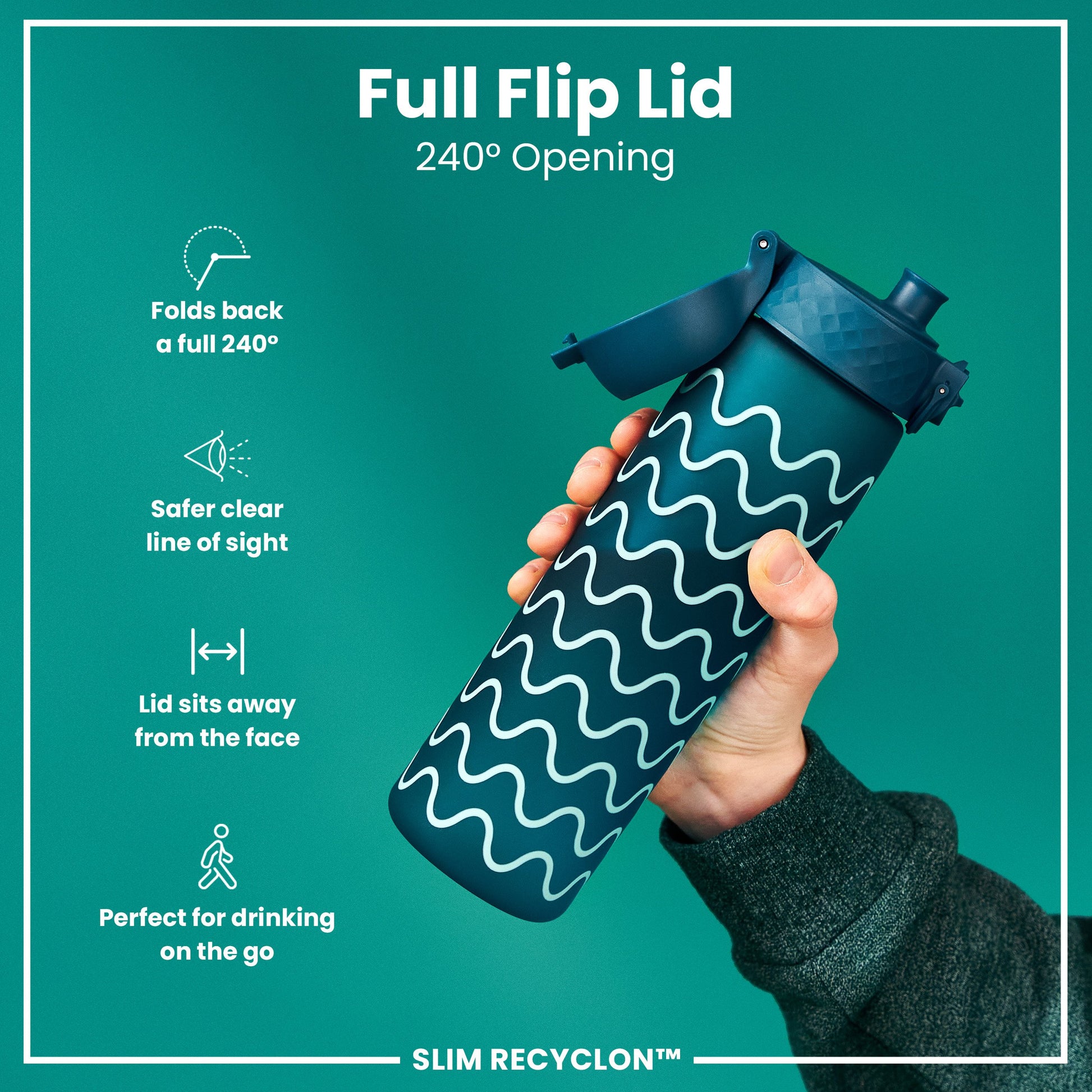 A teal water bottle with a wavy pattern is being held; its full flip lid opens 240 degrees. The bottle is shown against a teal background. The text reads: "Full Flip Lid 240° Opening," "Folds back a full 240°," "Safer clear line of sight," "Lid sits away from the face," "Perfect for drinking on the go," and "SLIM RECYCLON™".