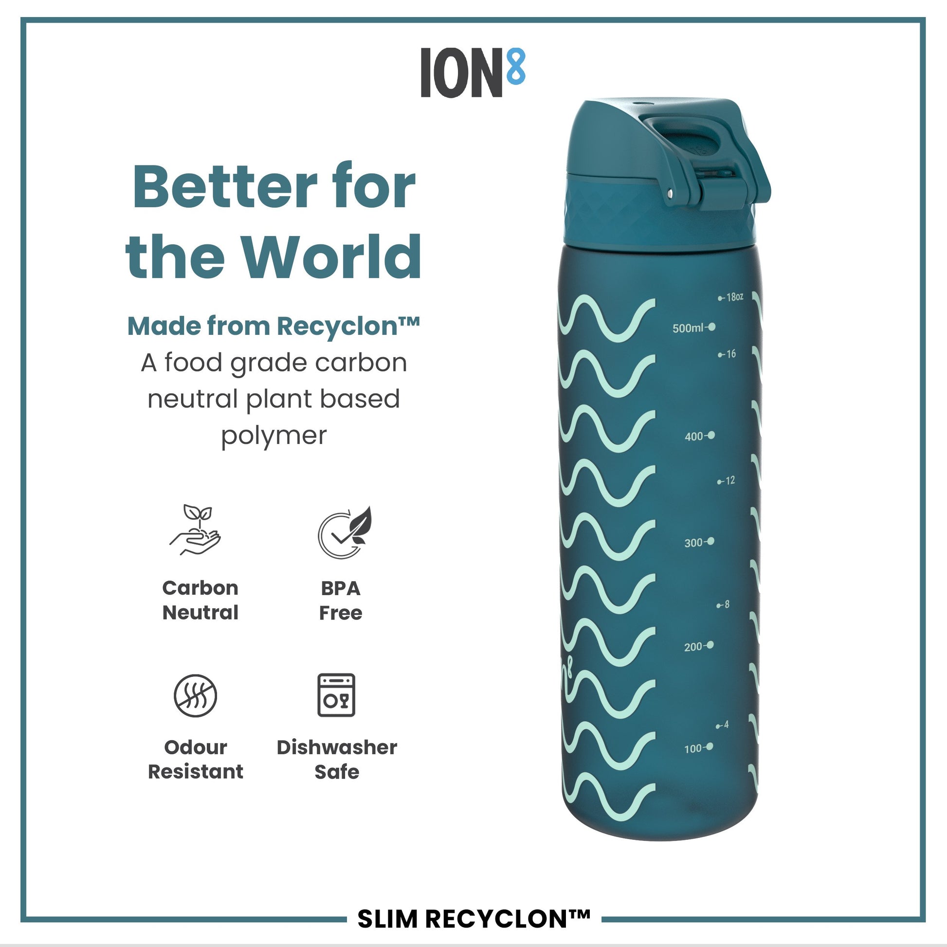 A teal water bottle with a flip-top lid and wavy design sits against a white background. It is made from a plant-based polymer, BPA-free, odor resistant, and dishwasher safe. The bottle is marked with milliliter and ounce measurements.