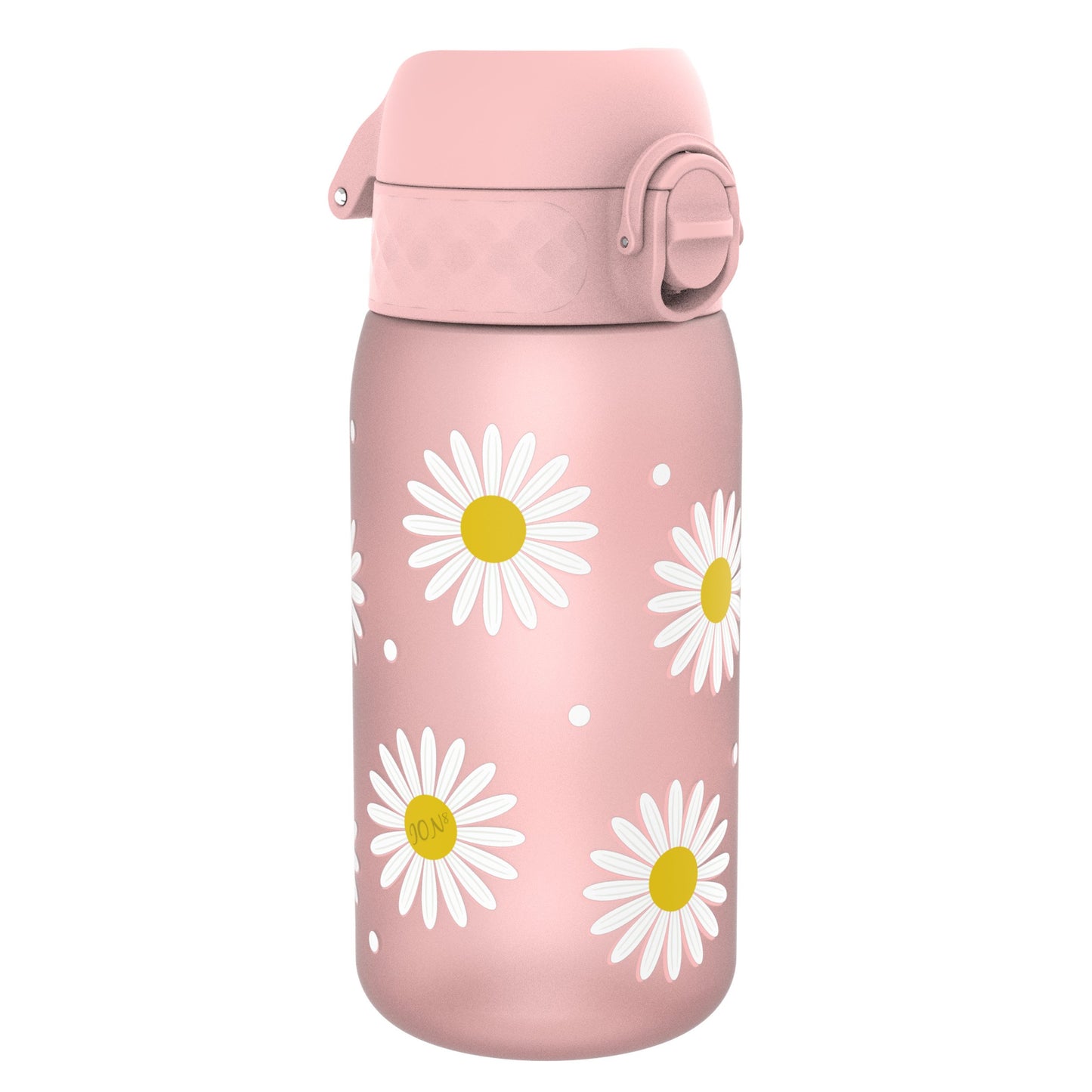 A pink water bottle, adorned with daisies, sits against a white background. The bottle features a pink, hinged lid. One daisy has "JON⁸" printed in its center.