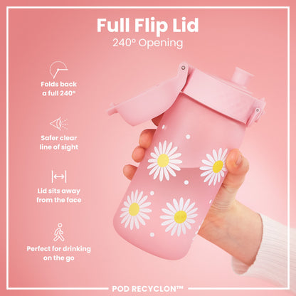 A pink daisy-patterned water bottle, with its lid flipped open 240°, is held by a hand against a pink background. Full Flip Lid, 240° Opening, POD RECYCLON™