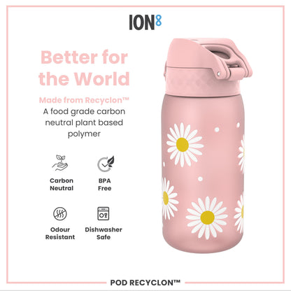 A pink water bottle, adorned with daisies, sits against a white background. It is made from a plant-based polymer and is BPA-free, dishwasher safe, odor resistant, and carbon neutral.