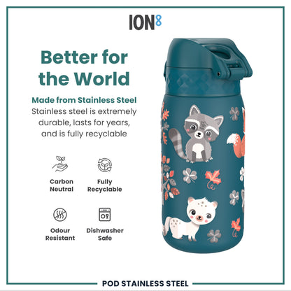 Leak Proof Kids Water Bottle, Stainless Steel, Forest Animals, 400ml (13oz)