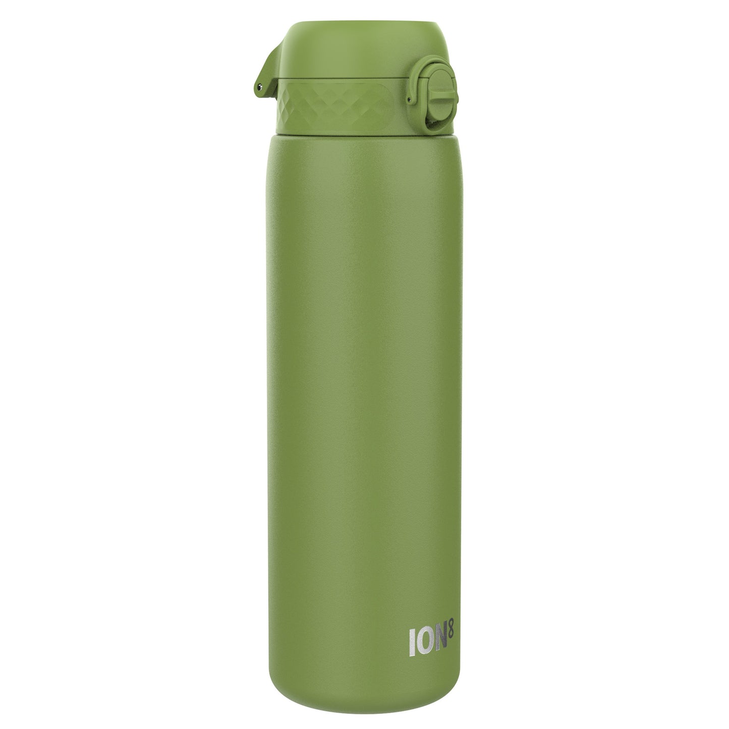 A green ION8 water bottle stands upright against a white background. The bottle has a hinged, textured lid.