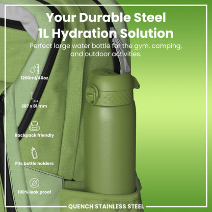 A green, 1200ml/40oz steel water bottle fits inside a green backpack. It's backpack-friendly, fits bottle holders, and is 100% leak-proof. The bottle is for gym, camping, and outdoor use.