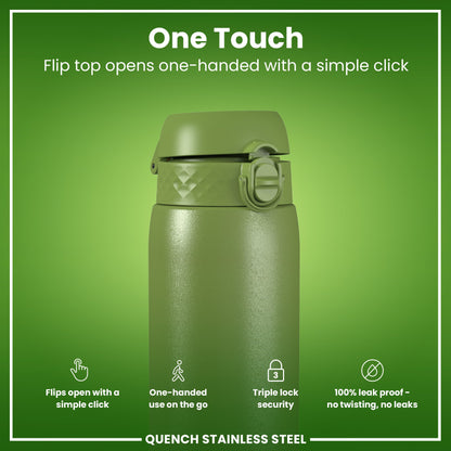 A green stainless steel water bottle with a flip top opens one-handed via a simple click. It features a triple lock security mechanism and is 100% leak-proof. The bottle is shown against a green background.