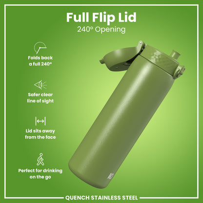 A green stainless steel water bottle, with a 240° opening flip lid, is shown against a green background; its lid folds completely back for easy access.