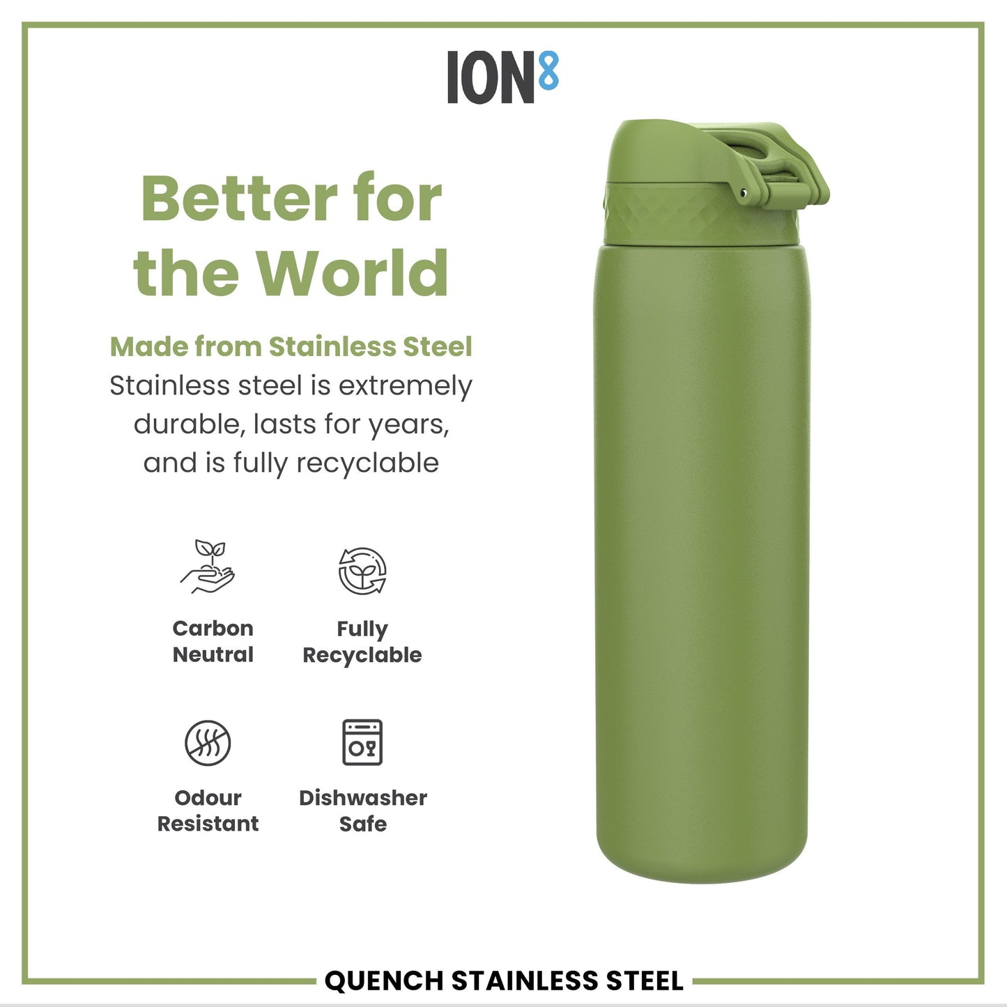 A green stainless steel water bottle sits against a white background. It is made from sustainable materials and is advertised as better for the world. The bottle is dishwasher safe and odour resistant.