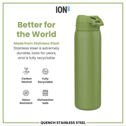 A green stainless steel water bottle sits against a white background. It is made from sustainable materials and is advertised as better for the world. The bottle is dishwasher safe and odour resistant.