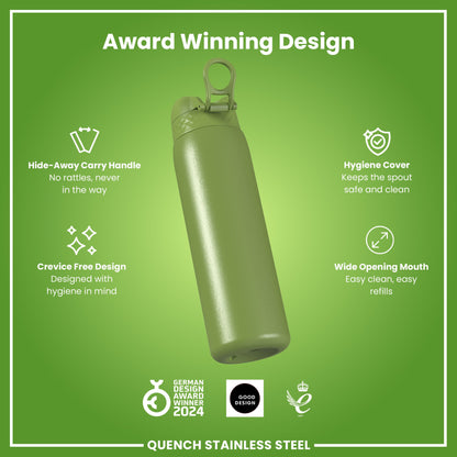 A green, stainless steel water bottle sits against a green background. It features a hide-away handle, hygiene cover, and wide mouth. Award logos are displayed below. "Award Winning Design," "Hide-Away Carry Handle, No rattles, never in the way," "Hygiene Cover, Keeps the spout safe and clean," "Crevice Free Design, Designed with hygiene in mind," "Wide Opening Mouth, Easy clean, easy refills," "GERMAN DESIGN AWARD WINNER 2024," "GOOD DESIGN," and "2021" are also present. "QUENCH STAINLESS STEEL" is written