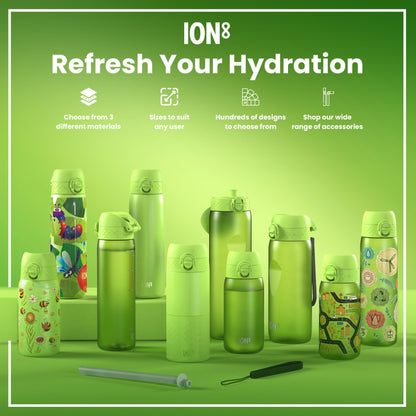 Several green ION8 water bottles, varying in size and design, are displayed on a green surface. The bottles feature different patterns and are accompanied by accessories. The text reads: "ION8 Refresh Your Hydration. Choose from 3 different materials. Sizes to suit any user. Hundreds of designs to choose from. Shop our wide range of accessories."