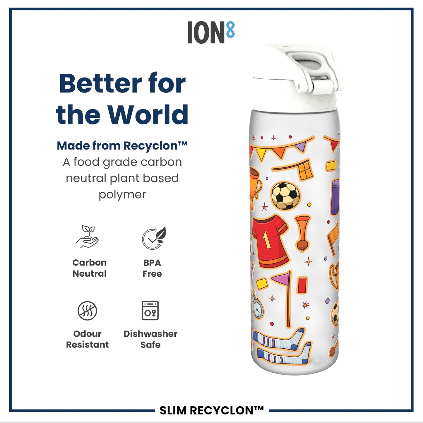 Leak Proof Slim Water Bottle, Recyclon, Football, 500ml (18oz)