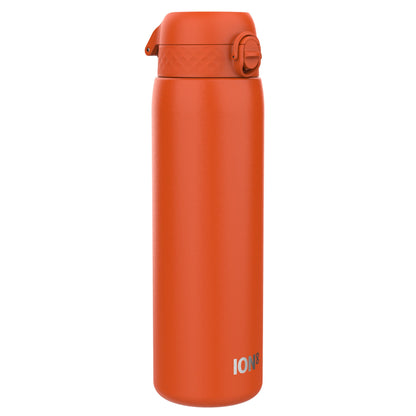 An orange water bottle stands upright against a white background. The bottle has a textured lid and the word "ION8" is printed on its side.