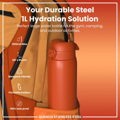 An orange, 1200ml steel water bottle fits inside a tan backpack's side pocket. The bottle is 287 x 81 mm, backpack friendly, fits bottle holders, and is 100% leak proof. It's a hydration solution for the gym, camping, and outdoor activities.