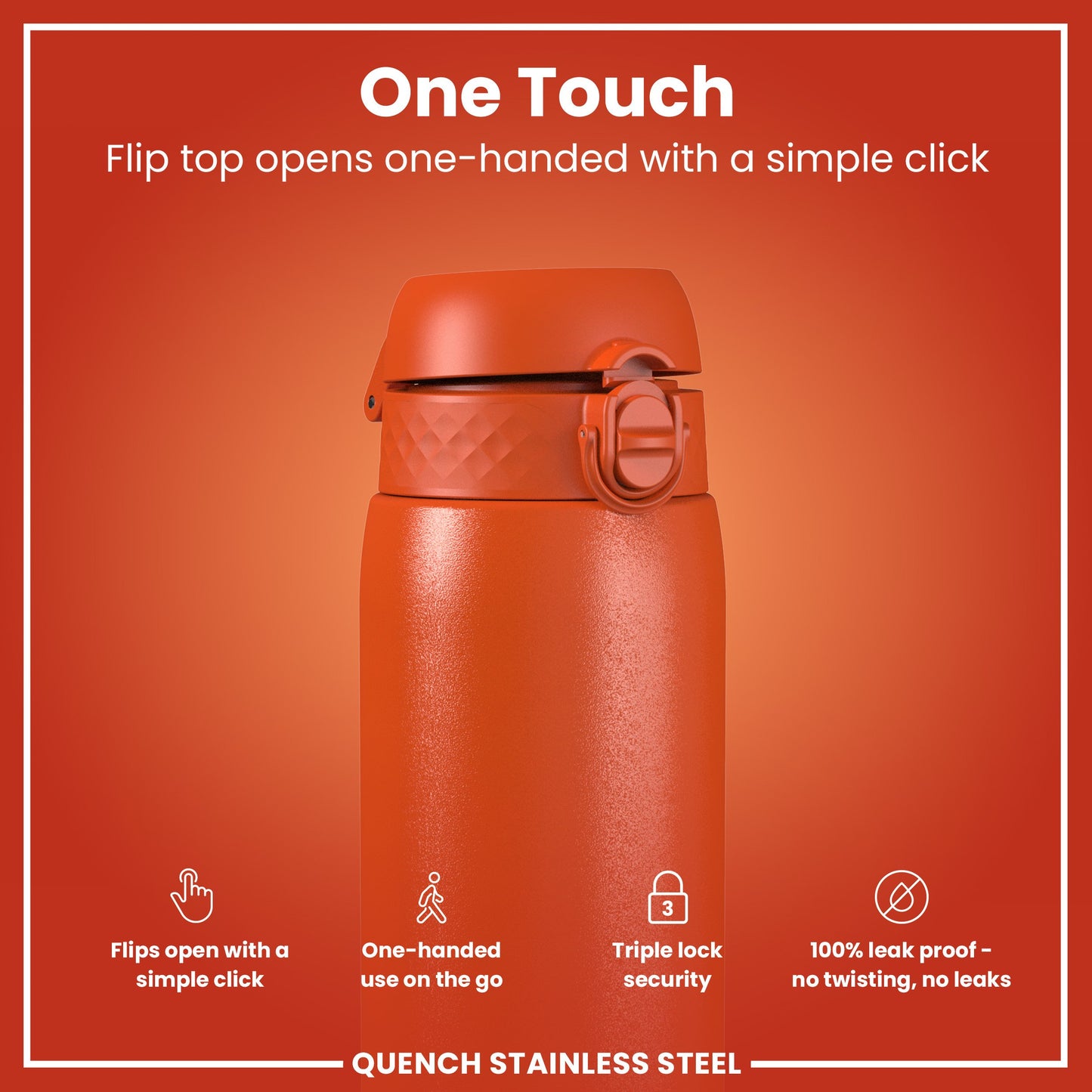 An orange stainless steel water bottle's flip top opens; one-handed operation is possible via a single click. The bottle features a triple lock security mechanism and is advertised as 100% leakproof.