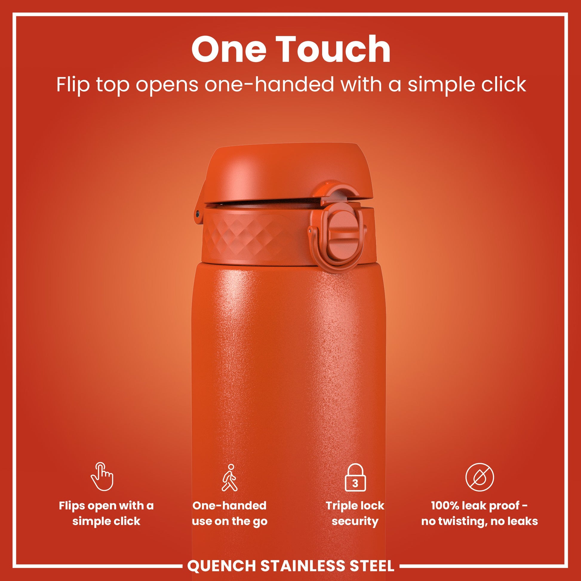 An orange stainless steel water bottle's flip top opens; one-handed operation is possible via a single click. The bottle features a triple lock security mechanism and is advertised as 100% leakproof.