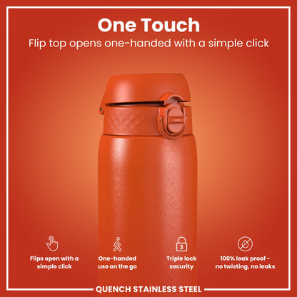 An orange stainless steel water bottle's flip top opens; one-handed operation is possible via a single click. The bottle features a triple lock security mechanism and is advertised as 100% leakproof.