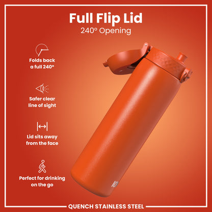 An orange stainless steel water bottle, with a 240° opening flip lid, rests against an orange background. Full Flip Lid, 240° Opening, QUENCH STAINLESS STEEL.