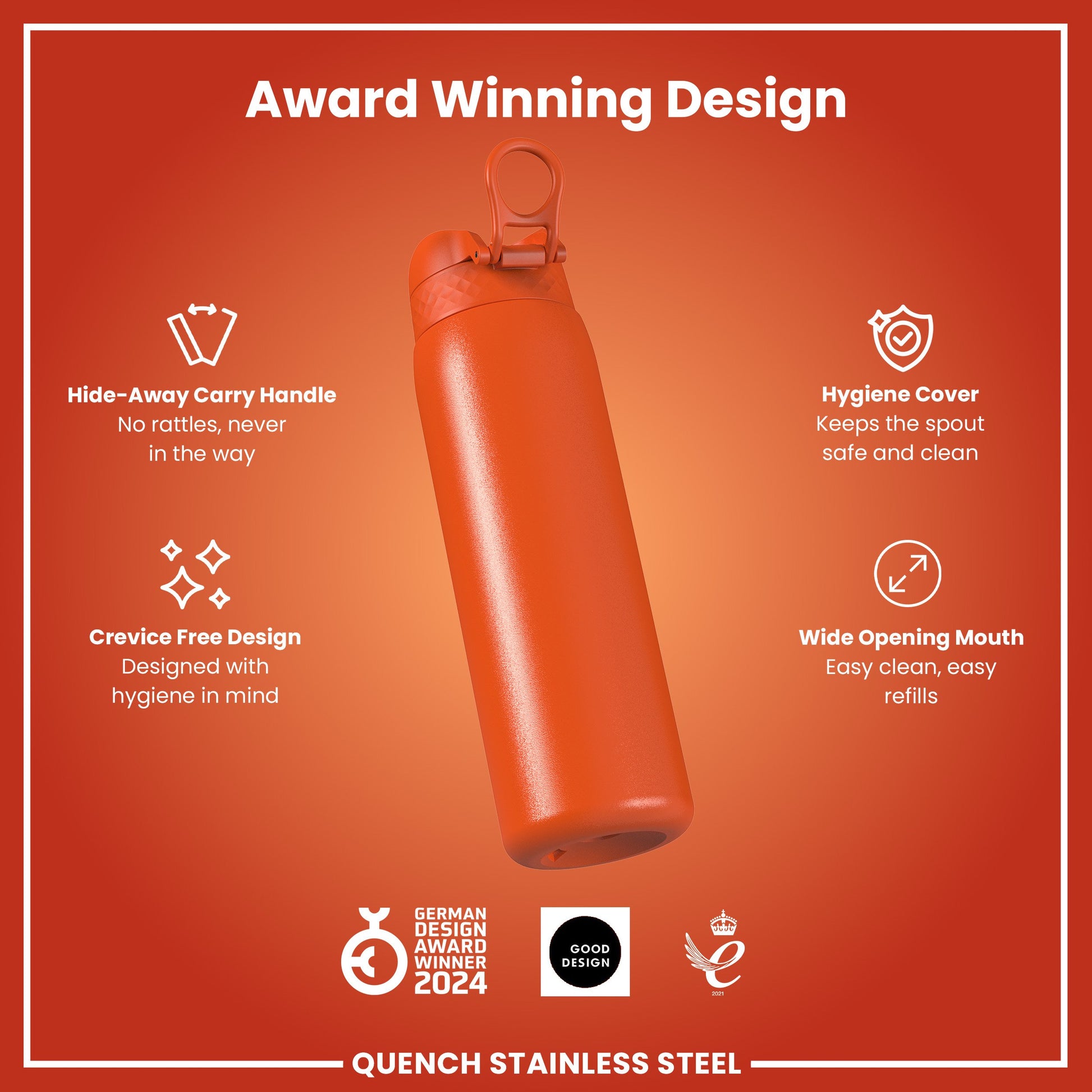 An orange, stainless steel water bottle sits upright; its features, including a hide-away handle and hygiene cover, are highlighted against a matching orange background. Award logos are displayed at the bottom.